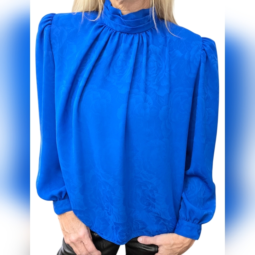Vintage 80s Cobalt Blue Jacquard Back Button Blouse Puff Sleeve Korea 6